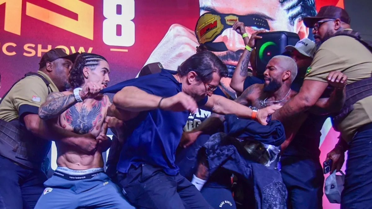 Nego do Borel dá soco na cara de MC Biel durante pesagem do Fight Music Show
