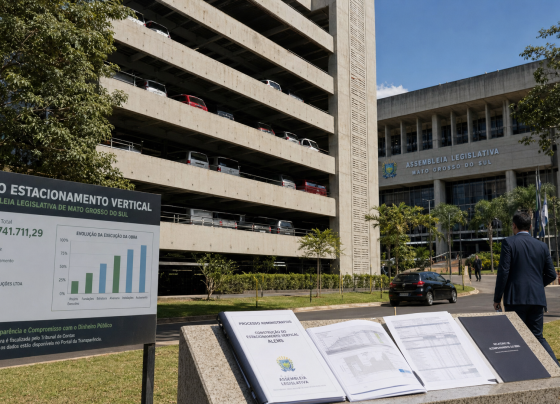 Novo estacionamento da ALEMS custou mais de R$ 44 milhões após aditivos - Foto: Imagem Gerada por IA