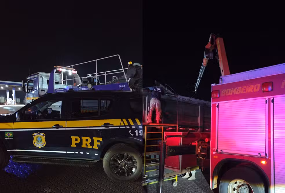 Bombeiros cortaram parte do semirreboque para abrir o compartimento oculto - Foto: Polícia Rodoviária Federal/Corpo de Bombeiros
