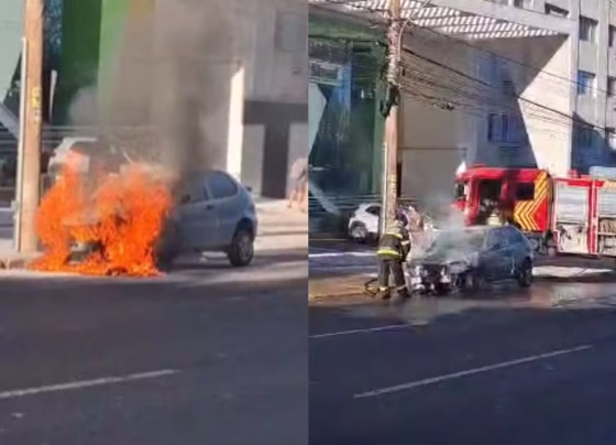 Carro pegou fogo na Avenida Afonso Pena na manhã deste domingo em Campo Grande - Foto: Márcio Beppu