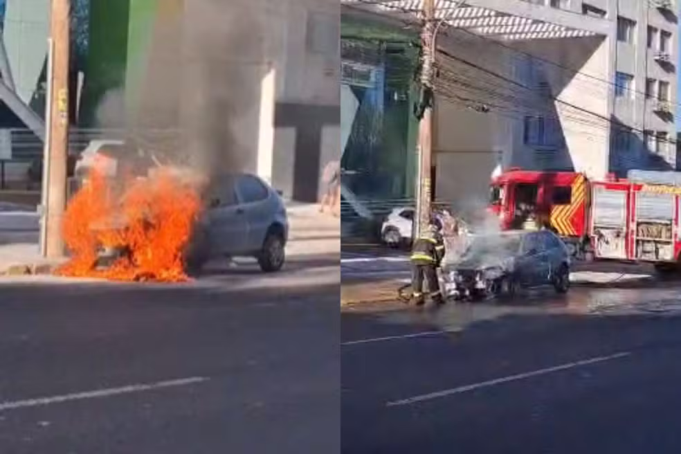 Carro pega fogo na Avenida Afonso Pena e motorista escapa sem ferimentos