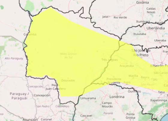 Mapa mostra municípios de Mato Grosso do Sul incluídos no alerta de vendaval - Foto: Reprodução/Inmet