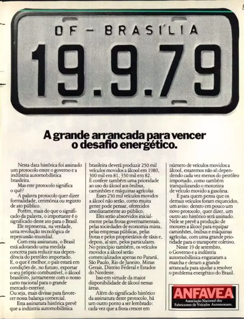 Em 1979, anúncio da Associação Nacional dos Fabricantes de Veículos (Anfavea) celebra o Proalcool. — Foto: Reprodução