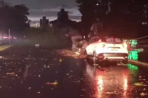 Motorista ficou presa no carro após cabos de energia caírem durante temporal na Avenida Afonso Pena - Foto: Divulgação