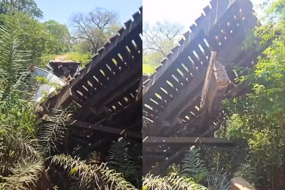 Ponte desaba com caminhão e oito bois morrem no rio Mimoso, em Bonito