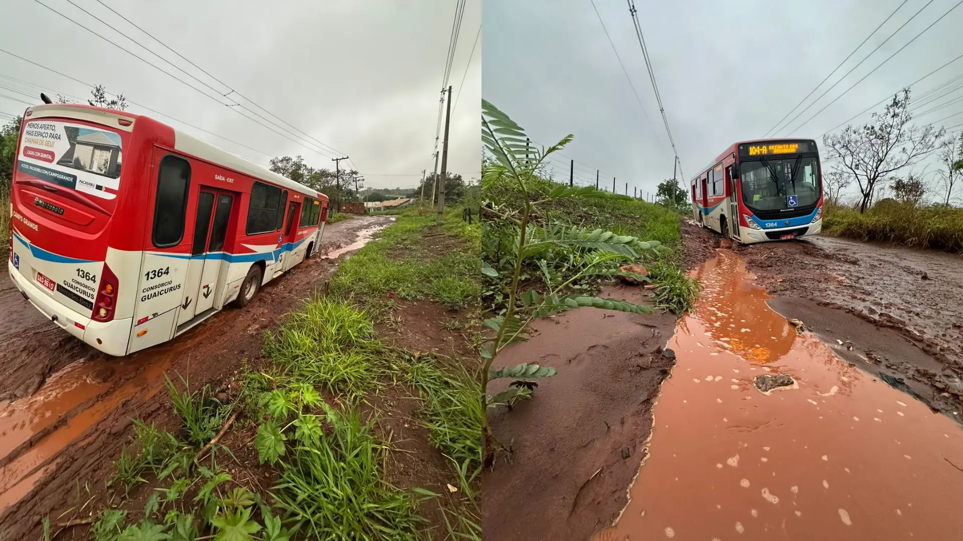 Ônibus da linha 104-A ficou atolado após chuva na Rua Dolores Duran, em Campo Grande - Foto: Divulgação