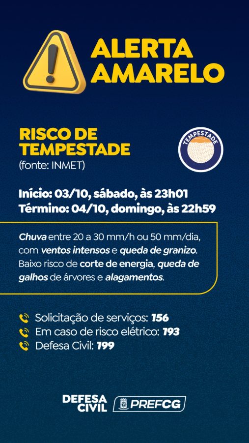Defesa emite alerta amarelo para risco de temporais