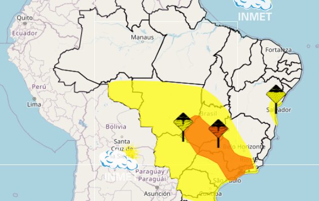 Inmet emite alerta vermelho e amarelo para temporais no Sudeste e Centro-Oeste