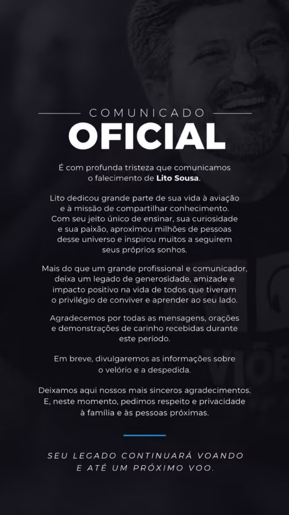 Nota oficial da morte de Lito Sousa — Foto: Reprodução/Instagram